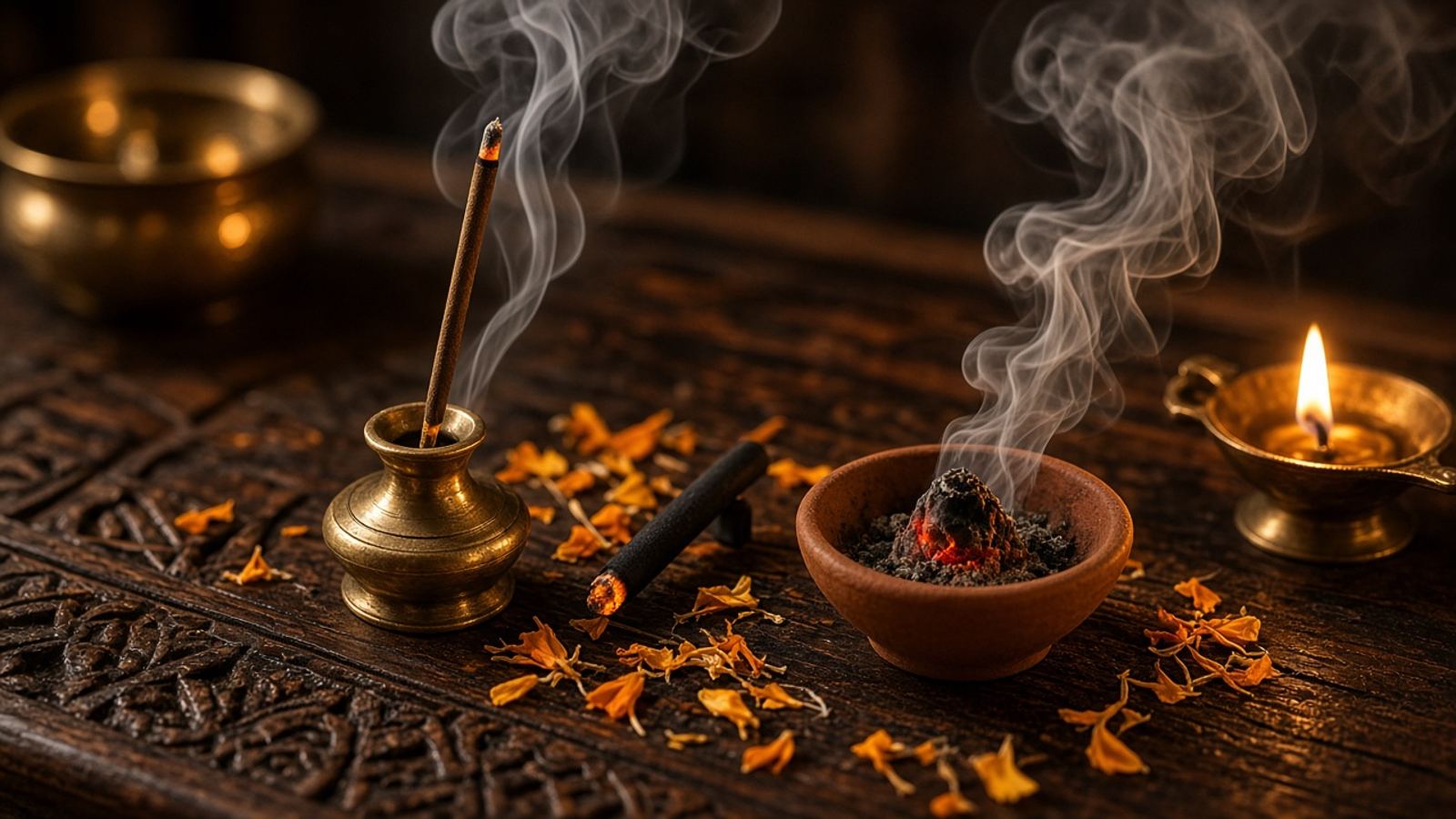Agarbatti, dhoop and sambrani burning on a wooden table